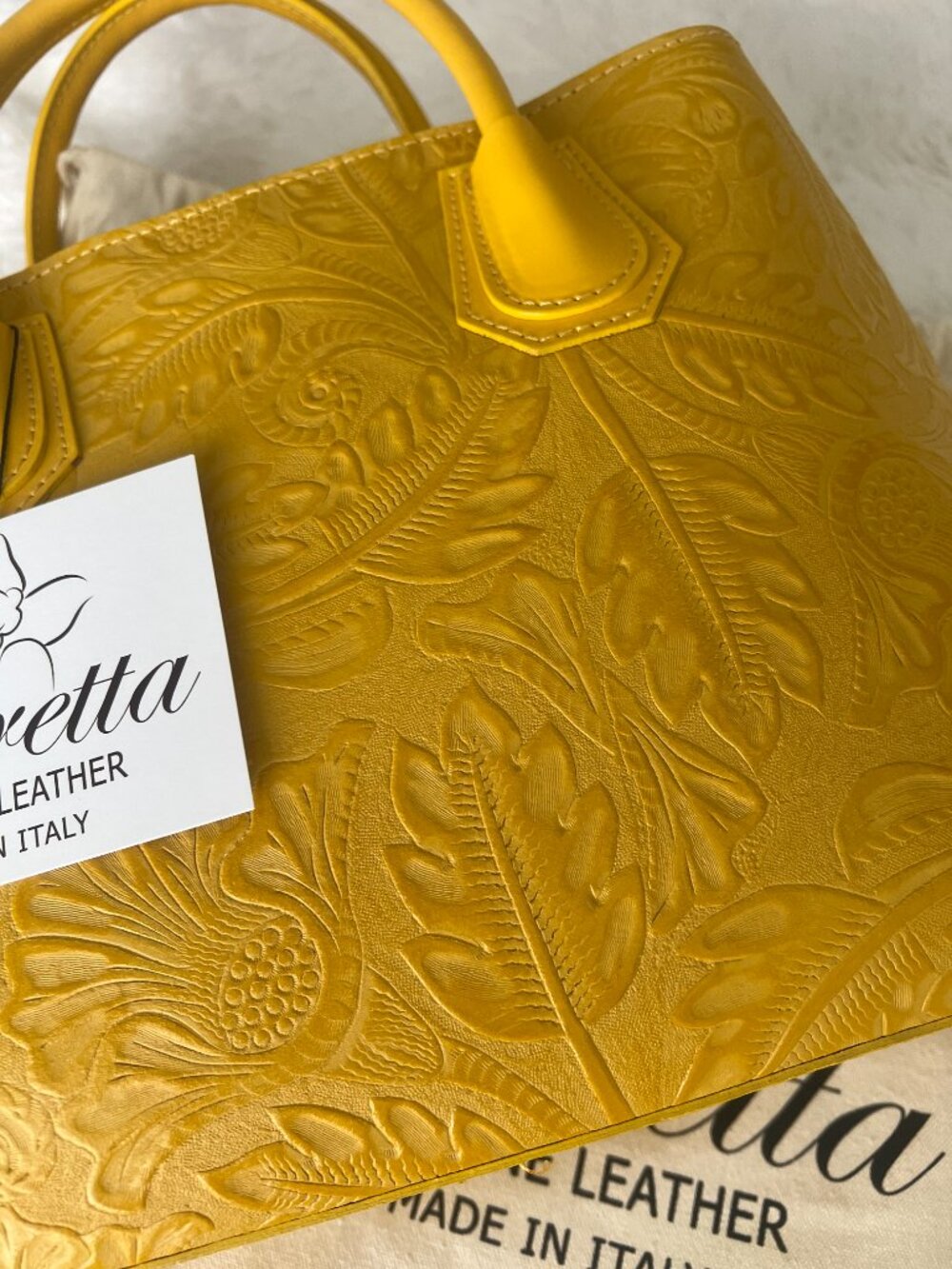 Made Italy Genuine Leather Yellow Floral Embossed Top Handle Crossbody Handbag